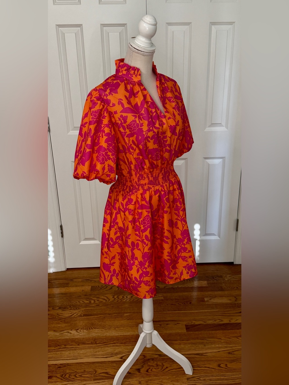 THML Orange and Pink Floral Smocked Waist Mini Dress Sz L - Picture 3 of 11